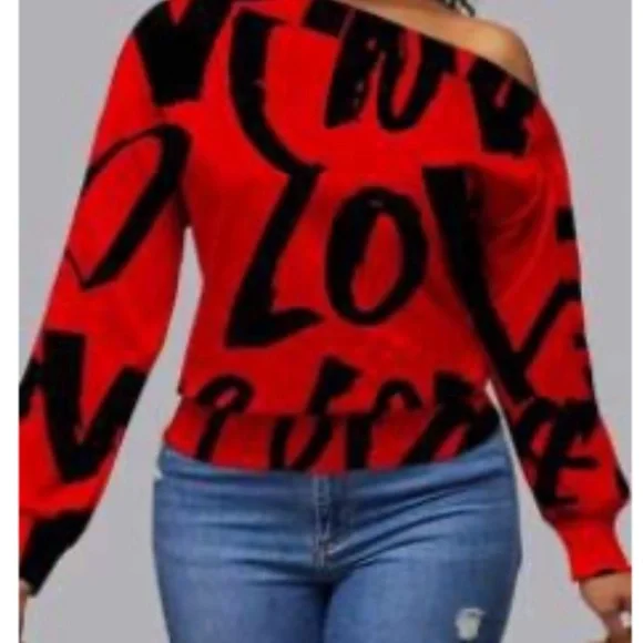 Never Been Worn-Red and Black Off-Shoulder Sweater - Picture 1 of 4